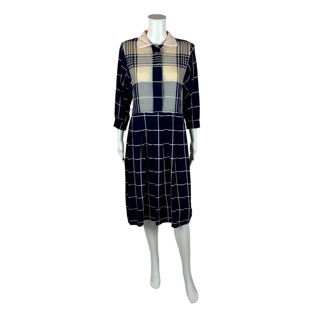 Vintage 80s Plaid Dress Women's Extra Small Blue Long Sleeve Shirtdress